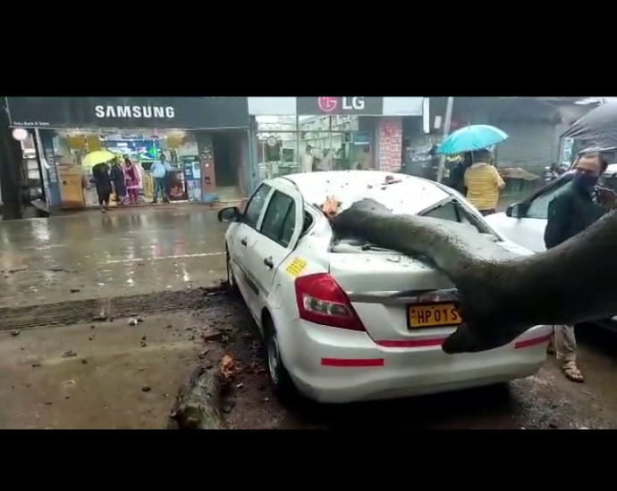 Rain continues: Landslide occurred on Waknaghat-Subathu road, tree fell on taxi parked at taxi stand in Solan