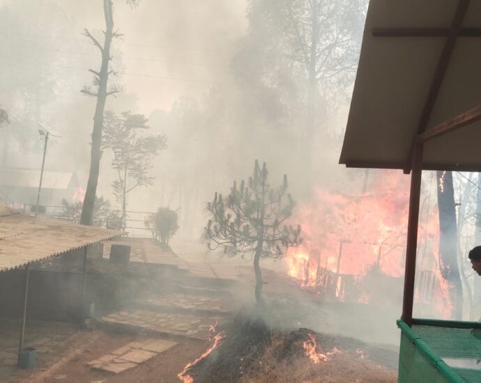 Trying to extinguish the uncontrollable fire in the forests of Kasauli with the help of helicopter